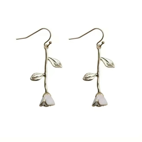 Elegant White Rose Flower Golden Leaf Dangle Earrings  - 18K Gold Plated - Picture 2 of 3